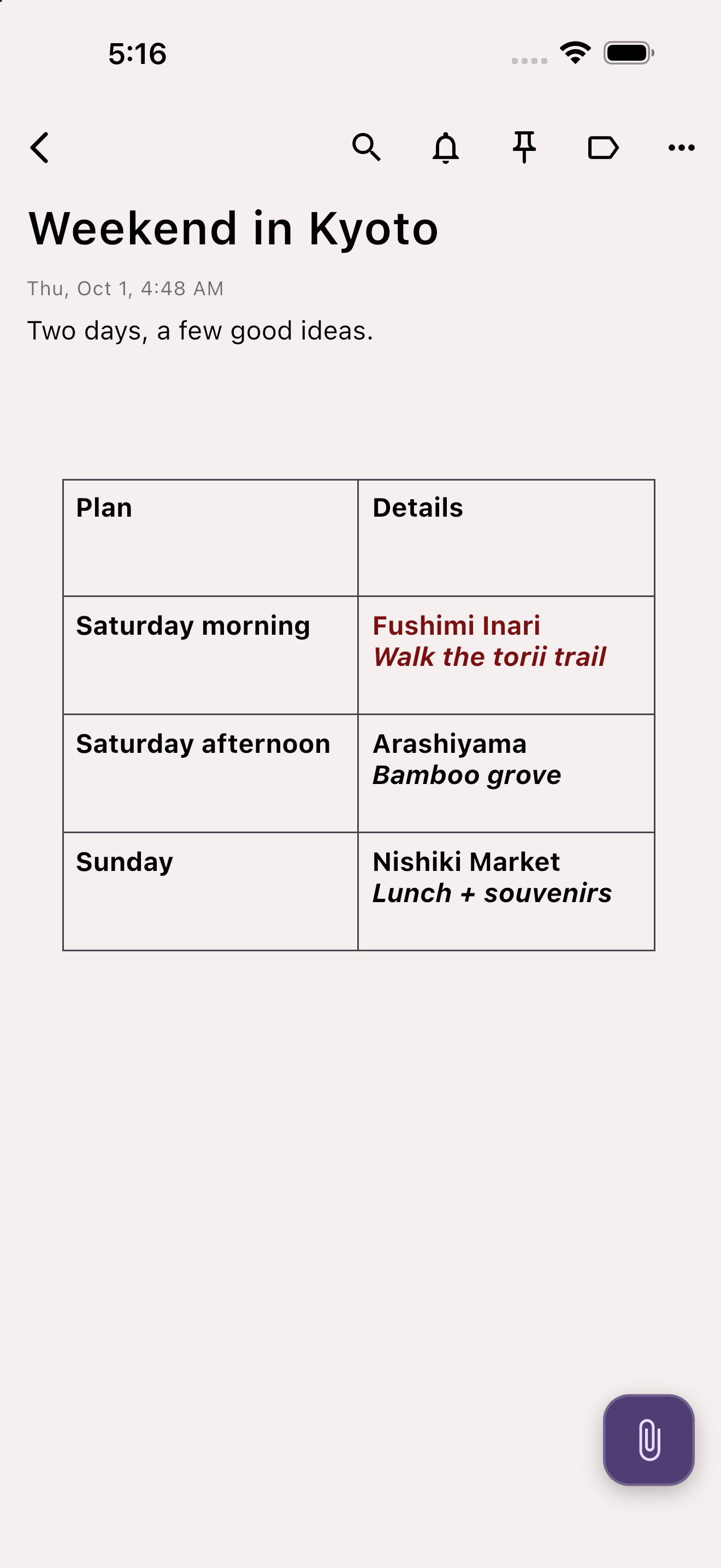 Better Keep on iOS showing a Kyoto itinerary table with bold headings, italic descriptions, and highlighted text